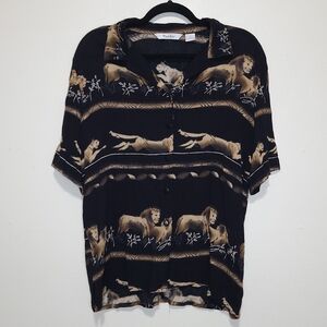 Vintage 90s TanJay Lion Print Safari Rayon Button Up Short Sleeve Shirt Size 10